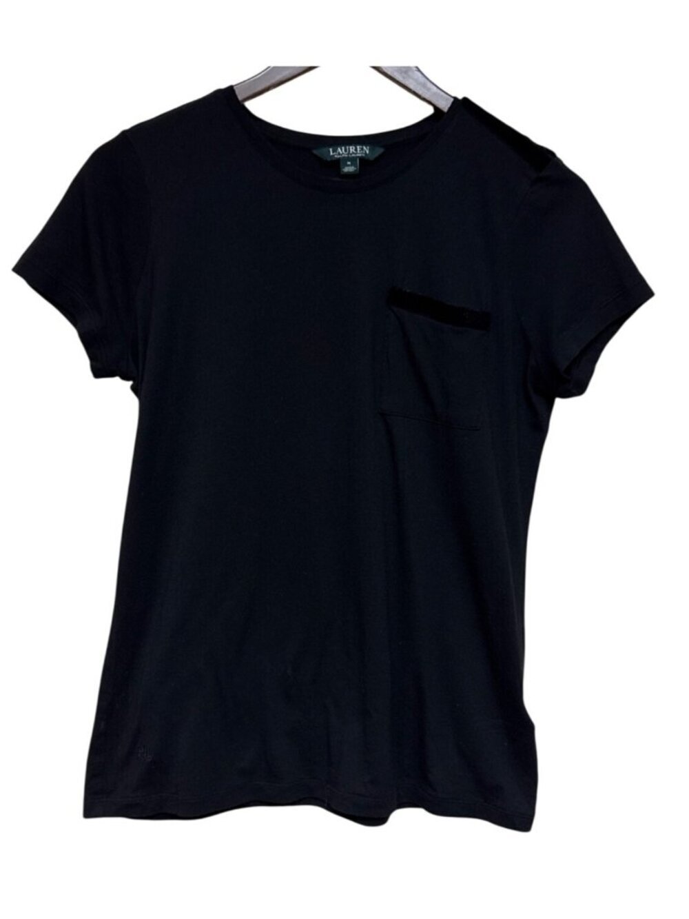 Lauren Ralph Lauren Women's Top Black Velvet Shoulder Detail Short Sleeve Medium